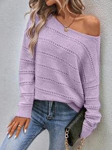 SHEIN LUNE Casual Solid Color Dropped Shoulder Loose Knit Sweater - Purple - View 5