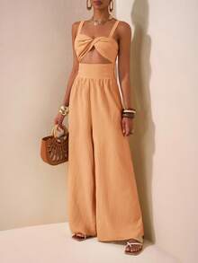 Zivah 2025新款春夏休闲度假扭纹吊带镂空后背纹理面料女长款阔腿裤卡其色婚礼季音乐节派对街头沙滩海边度假波西米亚风-A - 咖啡棕 - 查看 3