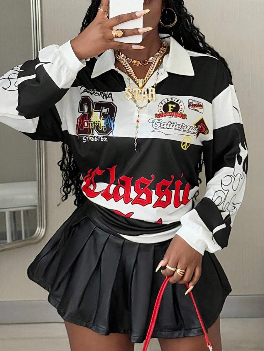 Coolane Women's Fall/Winter Going Out Streetwear Y2K Striped Graphics Sport Loose Long Sleeve Polo T-Shirt,Fall Tops