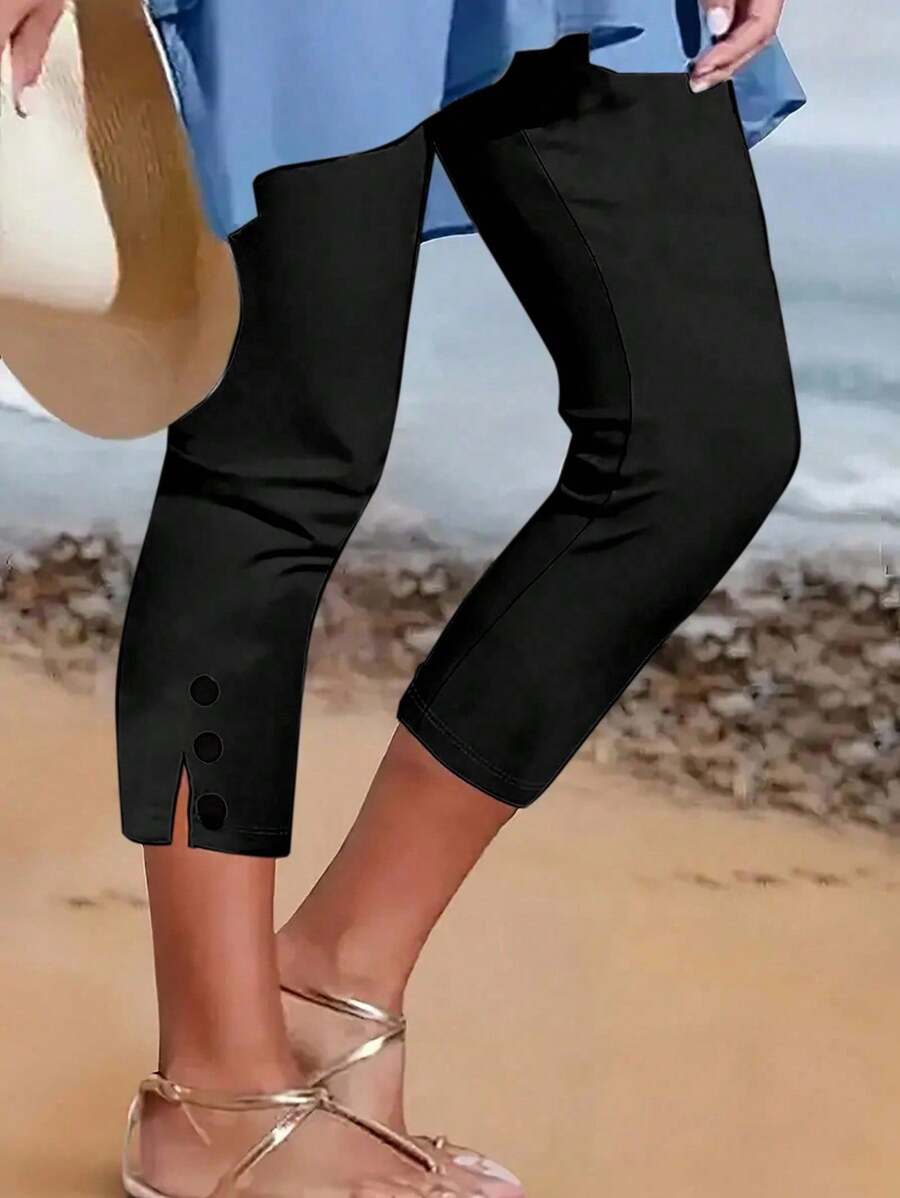 EMERY ROSE Quần legging lửng 3/4 dáng ôm, màu trơn, thích hợp mặc hàng ngày cho nữ. - màu đen - Xem 1