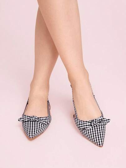 CUCCOO DOLLMOD 黑白格子蝴蝶结装饰尖头可爱时尚女式平底鞋