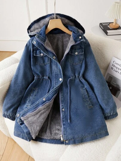 SHEIN Tween Girls Casual Hooded Denim Jacket, Drawstring Waist, Slant Pockets, Elastic Cuffs, Suitable For School, Shopping, Walking, Travel, Can Be Paired With Long Sleeve Sweaters, Sweatpants, Trousers