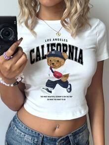 SHEIN EZwear Casual Minimalist California Collegiate Bear Graphic Round Neck Short Sleeve Crop Top Tee For Women Back To School