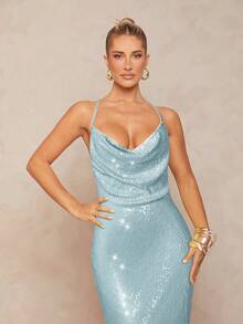 Lumalex Váy đuôi cá chéo hở lưng đính sequin và dây xích kim loại cho nữ - Màu xanh bạc hà - Xem 4