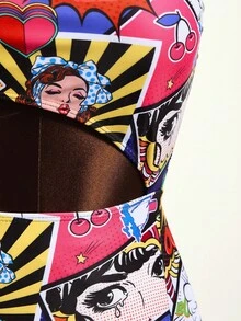 Zestiva Summer Beach Random Pop Art Print Cut Out One Shoulder One Piece Swimsuit - Multicolor - View 4