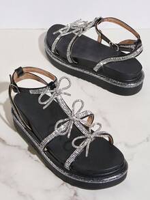 SHUZIA 女性時尚蝴蝶結設計腳踝繫帶涼鞋，夏季 - 黑色 - 查看 3