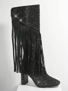 SHUZIA 鑲有水晶裝飾，側拉鍊粗跟靴，女性牛仔靴