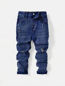 SHEIN Celana Jeans Kasual dengan Kancing dan Saku untuk Anak Laki-Laki, Celana Jeans Sobek untuk Anak Laki-Laki, Celana Jeans Balita Laki-Laki, Celana Jeans Anak, Celana Jeans Sobek untuk Anak - Dark Wash - View 6