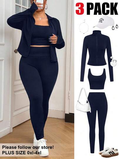 Solflare 大码女式 3 件套：长袖立领上衣 + 圆领吊带背心 + 打底裤，适合夏秋季 2 件套休闲套装女士