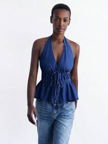 Maija Atasan Denim Biru Wanita dengan Punggung Terbuka dan Leher Halter, Atasan Tanpa Punggung Seksi untuk Liburan - Dark Wash - View 4