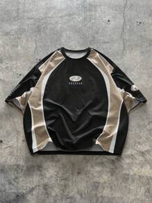 AXEPEAK Maglietta casual da uomo stile sportivo quotidiano, con cuciture e stampe, a maniche corte e collo tondo