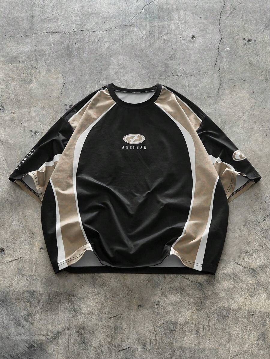 AXEPEAK Maglietta casual da uomo stile sportivo quotidiano, con cuciture e stampe, a maniche corte e collo tondo