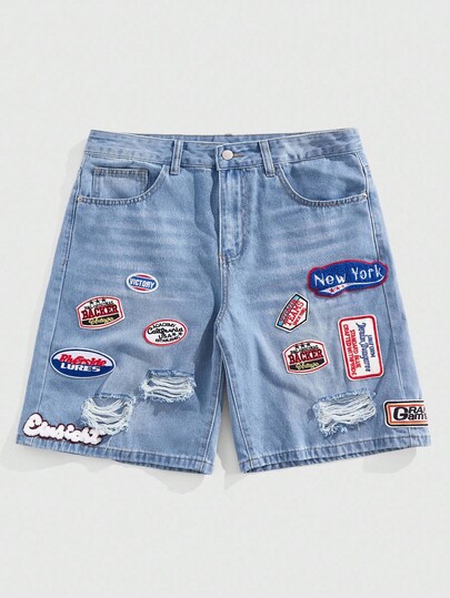 Prep Men's Fashionable Casual Badge Ripped Denim Shorts
