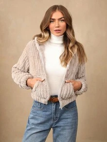 Wildy 拉鍊落肩連帽法蘭絨夾克