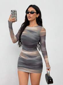 SHEIN PETITE Women's Fashion Commuter Tie-Dye Ruched Bodycon Mini Dress - Multicolor - View 5
