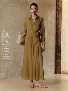 Arave Đầm suông Tencel trơn màu cổ bẻ cài nút trang trí tay dài thắt eo thắt nơ thoải mái thoáng khí, thích hợp mặc hàng ngày, đi nghỉ, hẹn hò, đi làm, mua sắm vào mùa hè và mùa thu - Màu xanh Ô liu - Xem 4