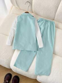 3 件套女孩优雅时尚优雅日常服装套装：圆领长袖纯色打底上衣，无袖纯色长翻领珍珠设计西装外套，松紧腰宽松直筒裤，适合学校，所有季节 - 綠色 - 查看 2