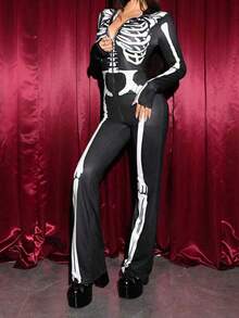 EgrlEra Skeleton Graphic Front-Zip Mock Neck Long Sleeve Jumpsuit, Halloween Fall Cloth For Women - Black - View 5