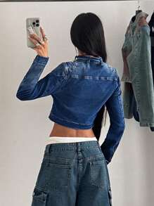 StreetHx Áo khoác denim phong cách Retro Biker Chic có cổ đứng cài nút - Rửa trung bình - Xem 2