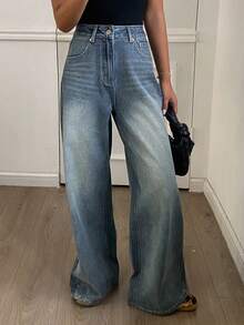 Livesso 女士宽松休闲直筒牛仔裤，秋冬新品 - 藍色 - 查看 4