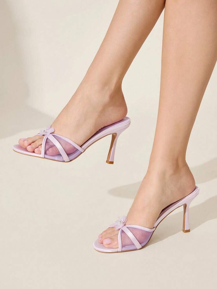 CUCCOO CHICEST Sandalias de tacón alto con puntera redonda, de satén morado y parches de malla con decoración floral, zapatos de vestir románticos de verano para citas, fiestas y tardes de té