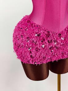 Amplova 女士纯色拼接毛茸茸亮片设计抹胸连体裤裙 - 玫紅色 - 查看 5