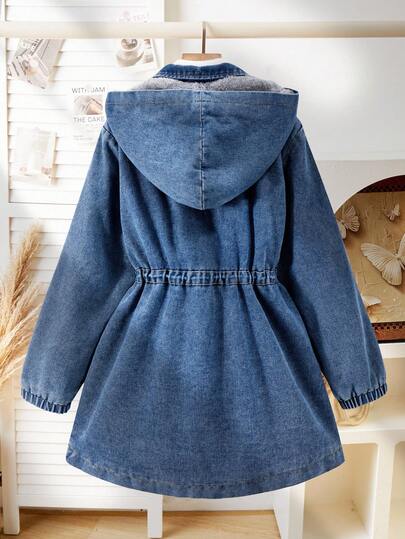 SHEIN Tween Girls Casual Hooded Denim Jacket, Drawstring Waist, Slant Pockets, Elastic Cuffs, Suitable For School, Shopping, Walking, Travel, Can Be Paired With Long Sleeve Sweaters, Sweatpants, Trousers