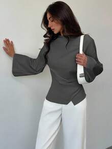 Aloruh 船领喇叭袖短款褶饰办公室女式杏色衬衫 - 深灰色 - 查看 5