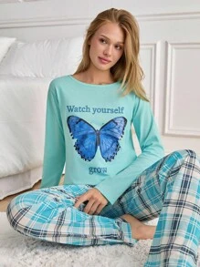 EURMUSE Conjunto de pijama de manga comprida com estampa de borboleta e xadrez da Cottnline