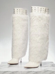 SHUZIA 女士时尚毛茸茸尖头细高跟冬季保暖舒适及膝靴 - 白色 - 查看 2