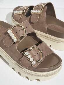 SHUZIA Ladies Pearl Embellished Wedge Heel Platform Sandals, Suitable For Daily Wear - Brown - View 3