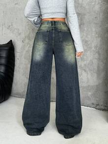 SHEIN PETITE Women's Thick Denim Jeans, Oblique Placket, Loose Wide-Leg Pants, Blue - Dark Wash - View 2