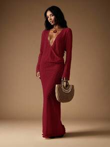 MISSGUIDED Sparkle Knit Plunge Neck Long Sleeve Wrap Maxi Evening Dress With Ruched Waist Detail Wedding Guest Holiday Party Formal Winter - Red - View 1