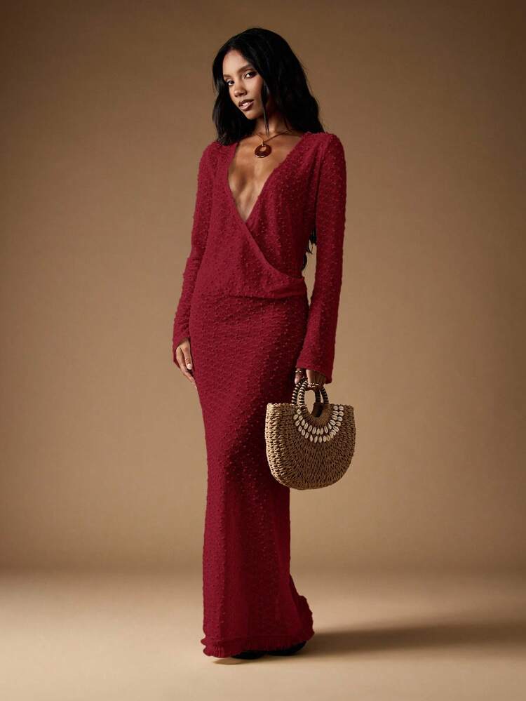 MISSGUIDED Abito da sera lungo con scollo a V, maniche lunghe, in maglia luccicante, con vita arricciata, dettagli per matrimoni, feste, occasioni formali invernali