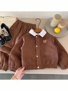 2件套男童梭织领休闲夹克和保暖内衬裤子套装 - 棕色 - 查看 4