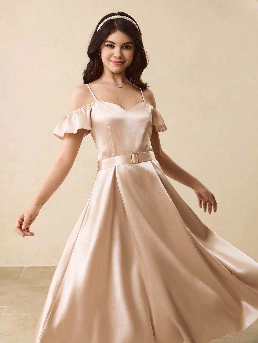 少女荷叶边拼接腰部 A 字型优雅派对、返校、圣诞节、万圣节连衣裙 - 杏色 - 查看 1