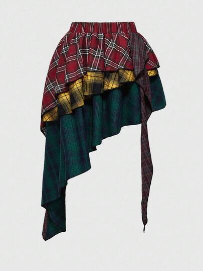 ROMWE Grunge Punk Falda asimétrica de talla grande para mujer con estampado a cuadros americano vintage desgastado y parchwork en estilo grunge