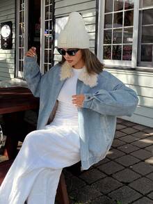 DAZY Áo khoác denim nữ dáng rộng, thoải mái, cổ lông xù, phối màu độc đáo, túi lớn, phong cách đường phố, lót giữ nhiệt, áo khoác nữ mùa thu/đông. - Rửa nhẹ - Xem 3