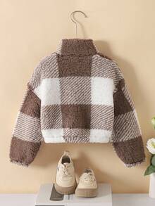 SHEIN 年轻女孩法式格子长袖短毛绒夹克，秋冬季，母女和姐妹搭配，立领长袖拉链高领保暖泰迪夹克，羊毛开衫，温暖舒适，非常适合秋冬季休闲日常穿着和上学日常，适合圣诞节、万圣节。女童碎花夹克可爱女童夹克女童羊毛夹克儿童毛绒夹克女童柔和夹克