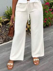 Alexandranx Women's Beige Wide Leg Pants With Drawstring Waist And Pockets Petite In Woman Clothing Women Pants