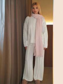 Sweetina Women's Casual Daily Simple Solid Color Drop Shoulder Loose Cable Knit Sweater And Sweater Pants 2 Pieces Set, Autumn/Winter - White - View 6