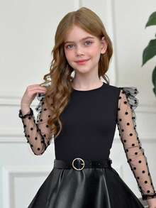 SHEIN 女大童拼接波點網紗羊腿袖T恤 - 黑色 - 查看 1