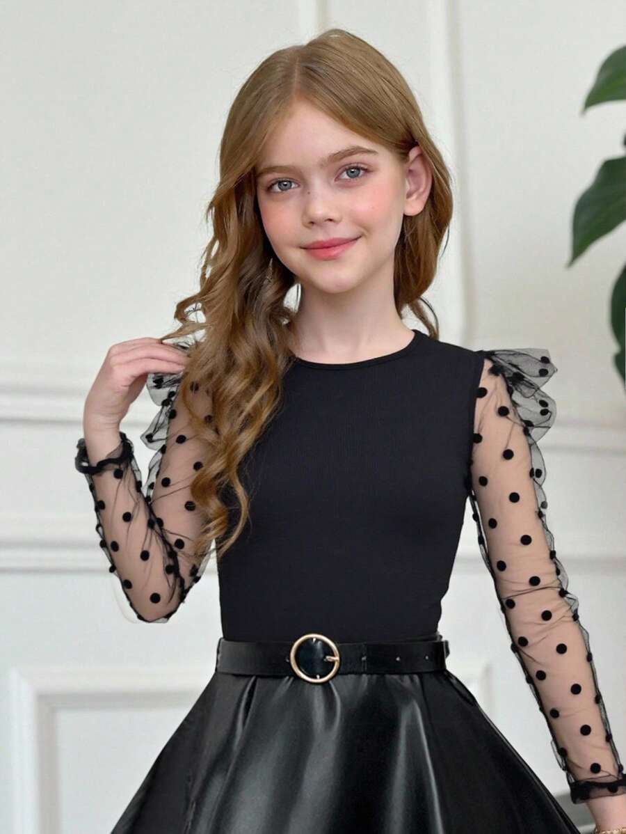 SHEIN 女大童拼接波點網紗羊腿袖T恤 - 黑色 - 查看 1