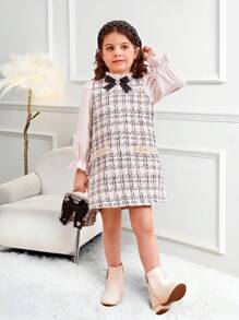 SHEIN Young Girl Elegant Stand Collar Dress With Frill Trim And Bow Decor - White - View 3