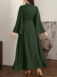 Modelyn 女士优雅纯色喇叭袖阿拉伯连衣裙，秋季长款晚礼服 - 軍綠色 - 查看 2