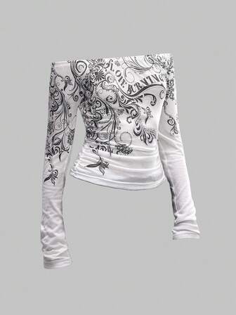 EDITION Y2K Romantic Punk Vine Print Off-Shoulder Fitted Women Top