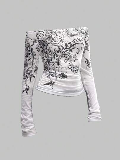 EDITION Y2K Romantic Punk Vine Print Off-Shoulder Fitted Women Top