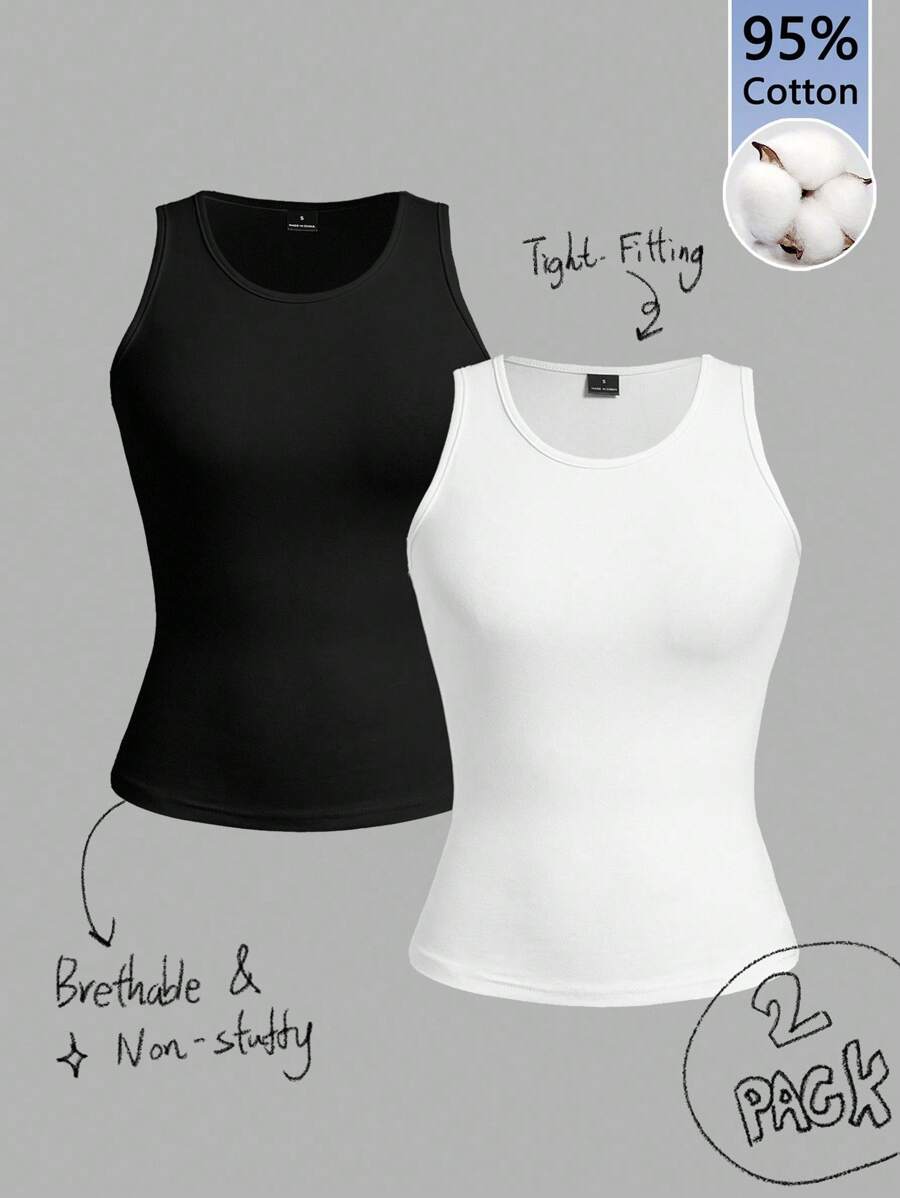 Tseoso Conjunto de 2 blusas regatas femininas casuais de gola redonda e modelagem justa, ideais para o verão, volta às aulas, início do outono e inverno. Composição: 95% algodão. Estilo vintage, blusa feminina fofa e confortável, perfeita para passeios de verão, para usar em casa, na volta às aulas e no outono. Versátil, ideal para professoras, para o trabalho e para sair. Ótima opção de presente para mães. - Preto e Branco - Ver 1
