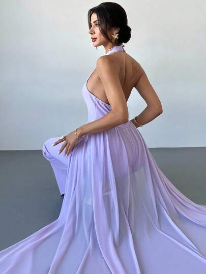 Firerie 女士优雅浪漫端庄度假时尚宴会日常露背高腰露背网眼丝带二合一薰衣草色连体裤