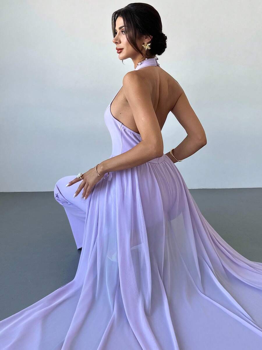 Firerie 女士优雅浪漫端庄度假时尚宴会日常露背高腰露背网眼丝带二合一薰衣草色连体裤 - 淡紫色 - 查看 1